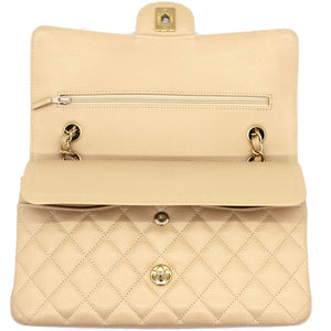 Beige Quilted Caviar Leather Classic Double Flap Bag