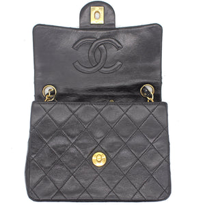 Vintage Black Quilted Leather Mini Square Classic Flap Bag