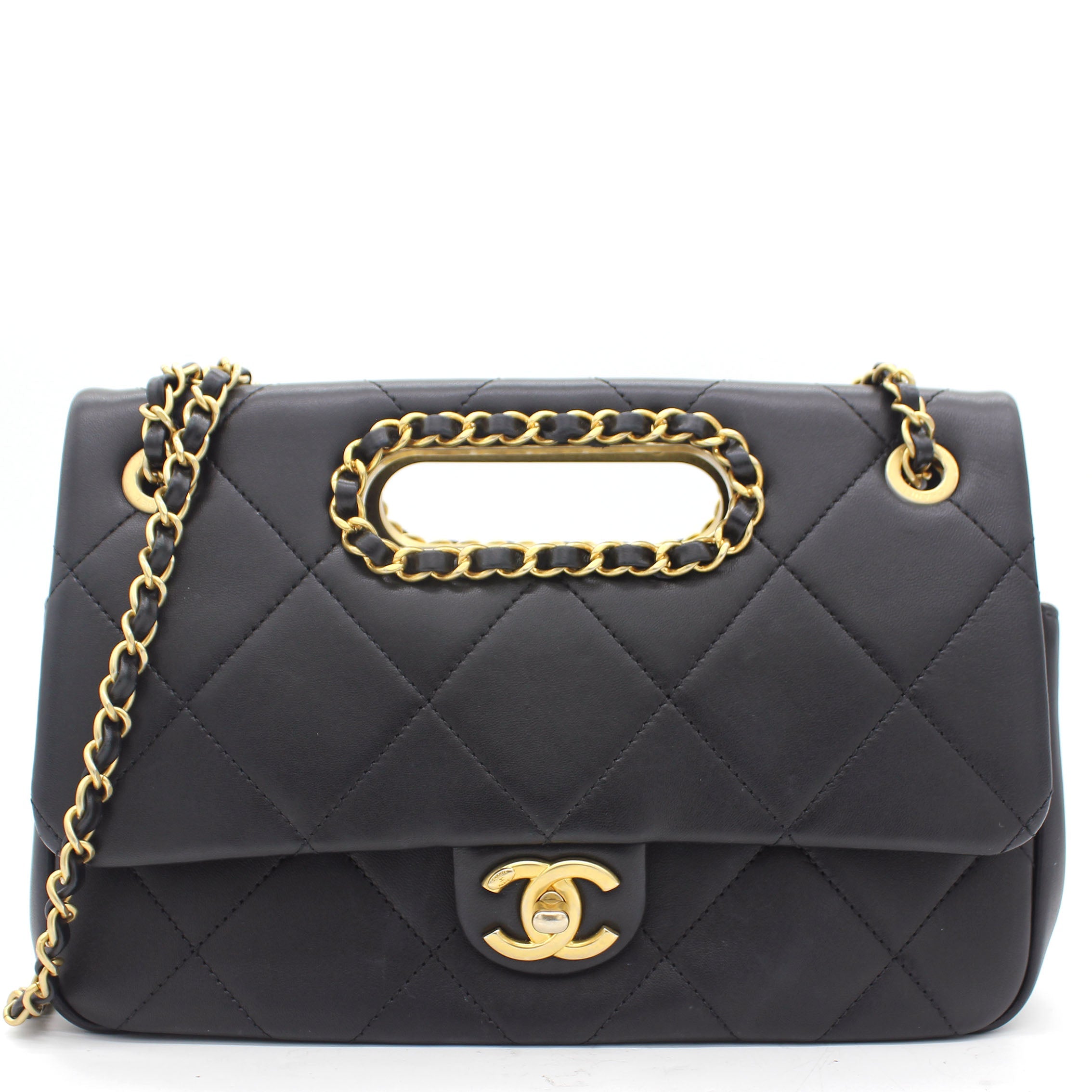 Black Quilted Smooth Calfskin Leather Jumbo Chain Detail Handle Flap Bag