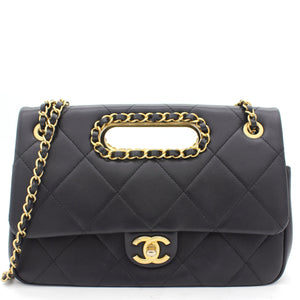 Black Quilted Smooth Calfskin Leather Jumbo Chain Detail Handle Flap Bag