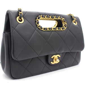 Black Quilted Smooth Calfskin Leather Jumbo Chain Detail Handle Flap Bag