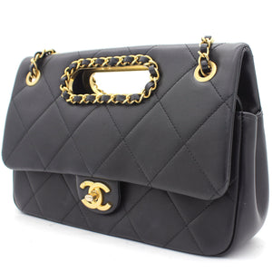 Black Quilted Smooth Calfskin Leather Jumbo Chain Detail Handle Flap Bag