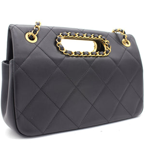 Black Quilted Smooth Calfskin Leather Jumbo Chain Detail Handle Flap Bag