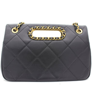 Black Quilted Smooth Calfskin Leather Jumbo Chain Detail Handle Flap Bag