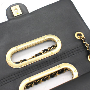 Black Quilted Smooth Calfskin Leather Jumbo Chain Detail Handle Flap Bag