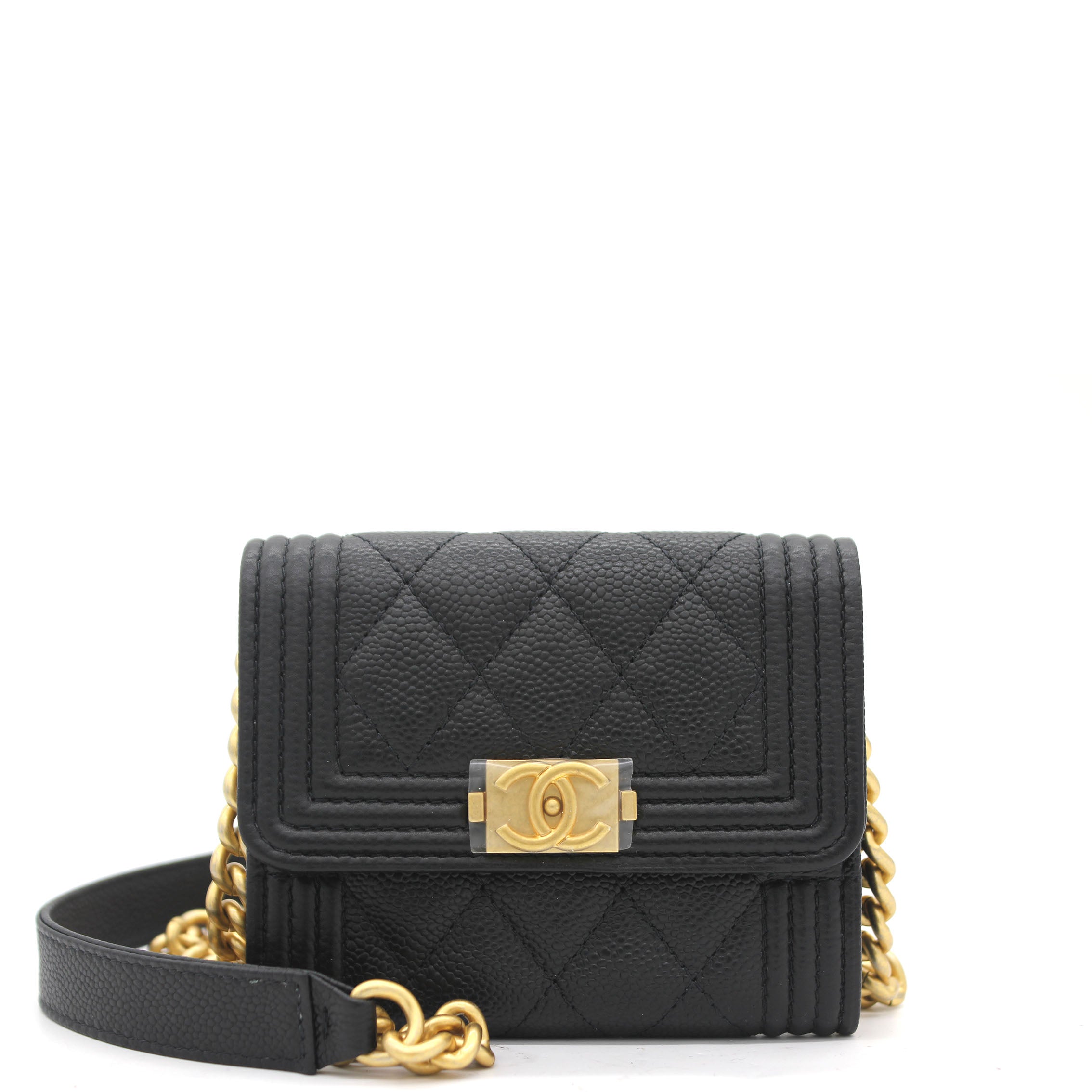 Black Caviar Leather Boy Card Holder with Chain