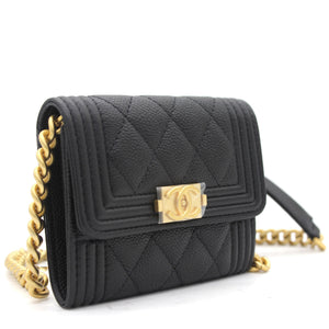 Black Caviar Leather Boy Card Holder with Chain