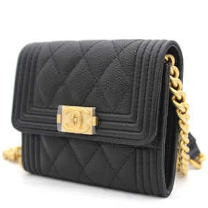 Black Caviar Leather Boy Card Holder with Chain
