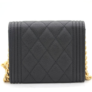 Black Caviar Leather Boy Card Holder with Chain