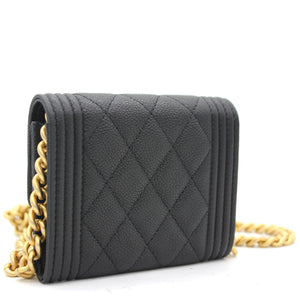 Black Caviar Leather Boy Card Holder with Chain