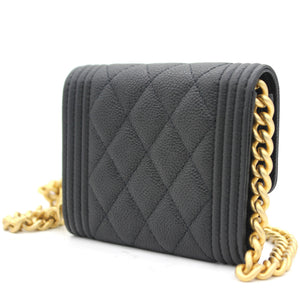 Black Caviar Leather Boy Card Holder with Chain