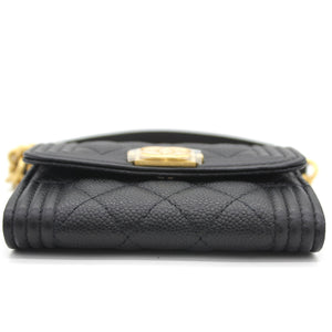 Black Caviar Leather Boy Card Holder with Chain