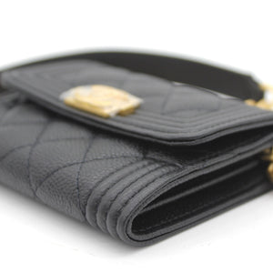 Black Caviar Leather Boy Card Holder with Chain