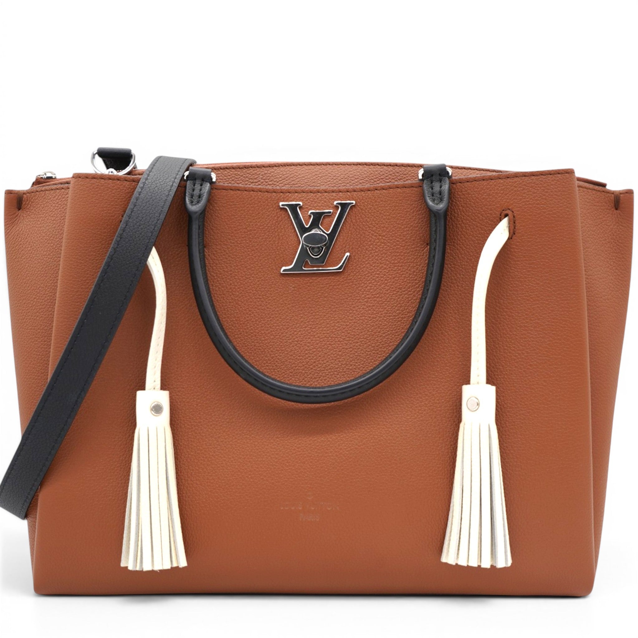 Lockmeto Brown Caramel Black and White Leather Tassel Tote Bag