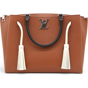 Lockmeto Brown Caramel Black and White Leather Tassel Tote Bag