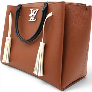 Lockmeto Brown Caramel Black and White Leather Tassel Tote Bag