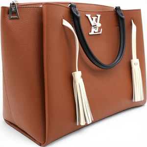 Lockmeto Brown Caramel Black and White Leather Tassel Tote Bag