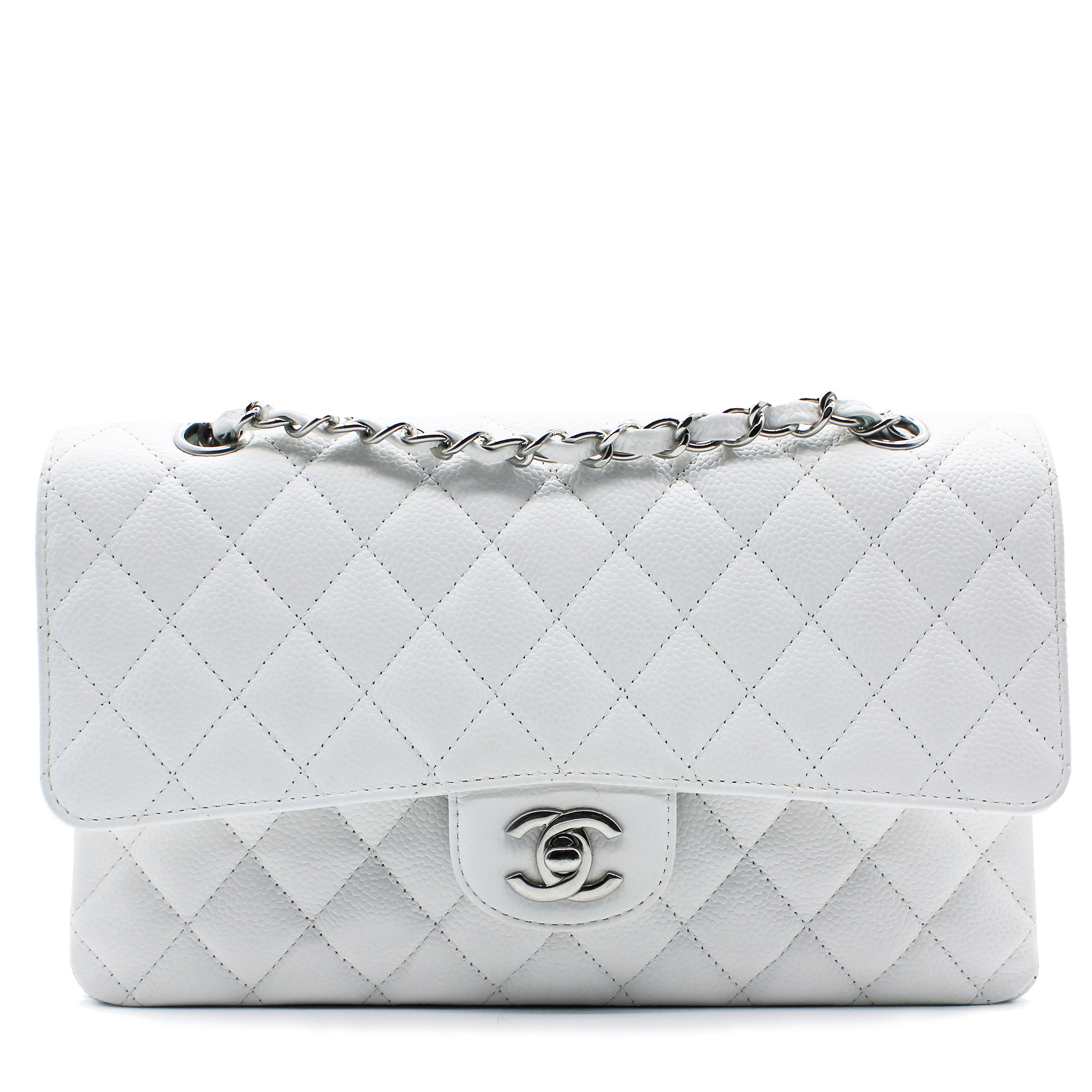 White Quilted Caviar Leather Classic Double Flap Bag