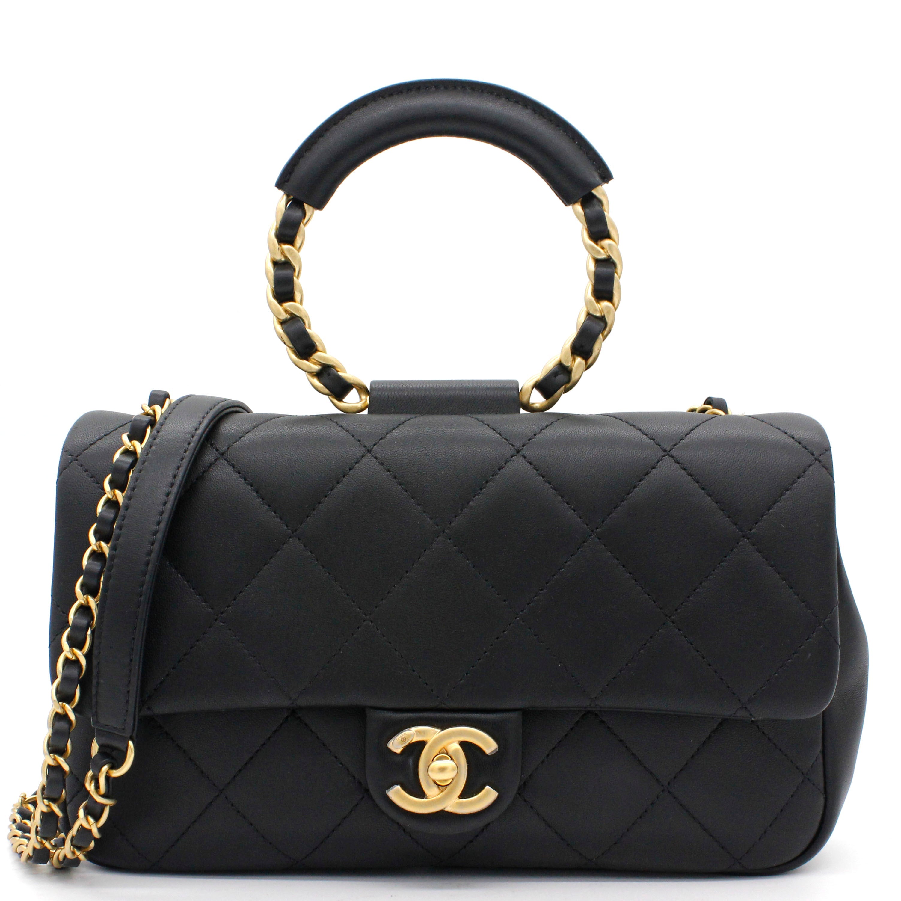 Lambskin Quilted Small Circular Handle Bag Black