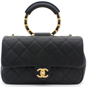 Lambskin Quilted Small Circular Handle Bag Black