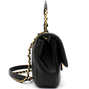 Lambskin Quilted Small Circular Handle Bag Black