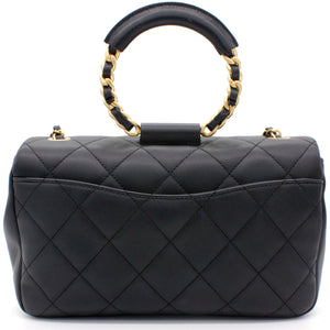 Lambskin Quilted Small Circular Handle Bag Black