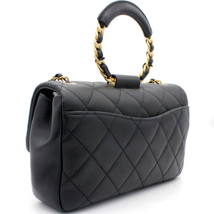 Lambskin Quilted Small Circular Handle Bag Black