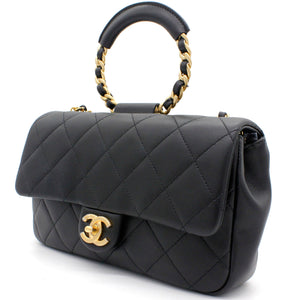Lambskin Quilted Small Circular Handle Bag Black