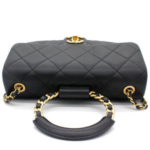 Lambskin Quilted Small Circular Handle Bag Black
