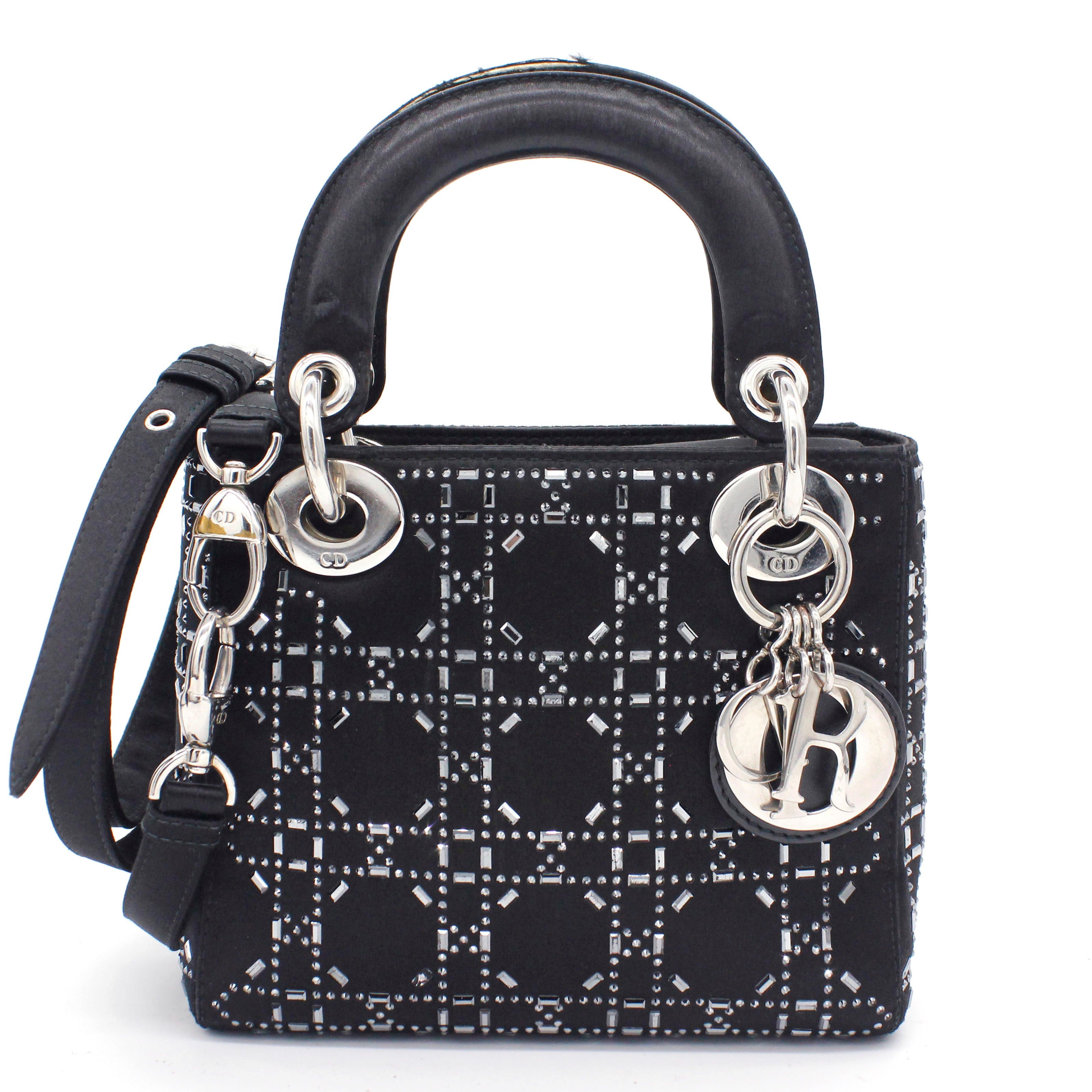 Satin Crystal Cannage Mini Lady Dior Black