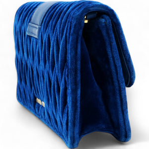 Blue Matelassé Velvet Jewel Clutch on chain