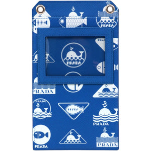 Saffiano Whale Printed Phone Holder Crossbody Bag in Blue Leather