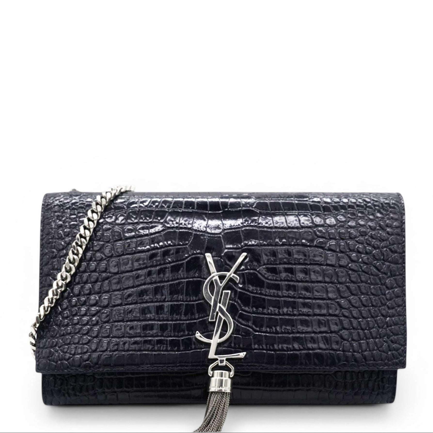 Crocodile Embosse Classic Monogram Kate Tassel Satchel Black
