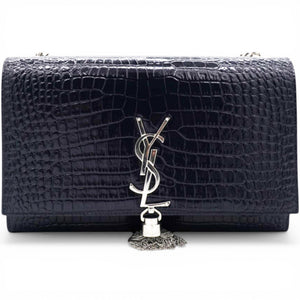 Crocodile Embosse Classic Monogram Kate Tassel Satchel Black