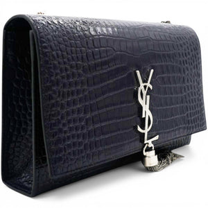 Crocodile Embosse Classic Monogram Kate Tassel Satchel Black