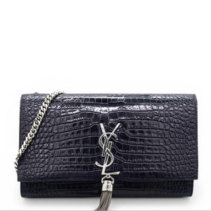 Crocodile Embosse Classic Monogram Kate Tassel Satchel Black