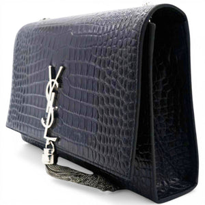 Crocodile Embosse Classic Monogram Kate Tassel Satchel Black