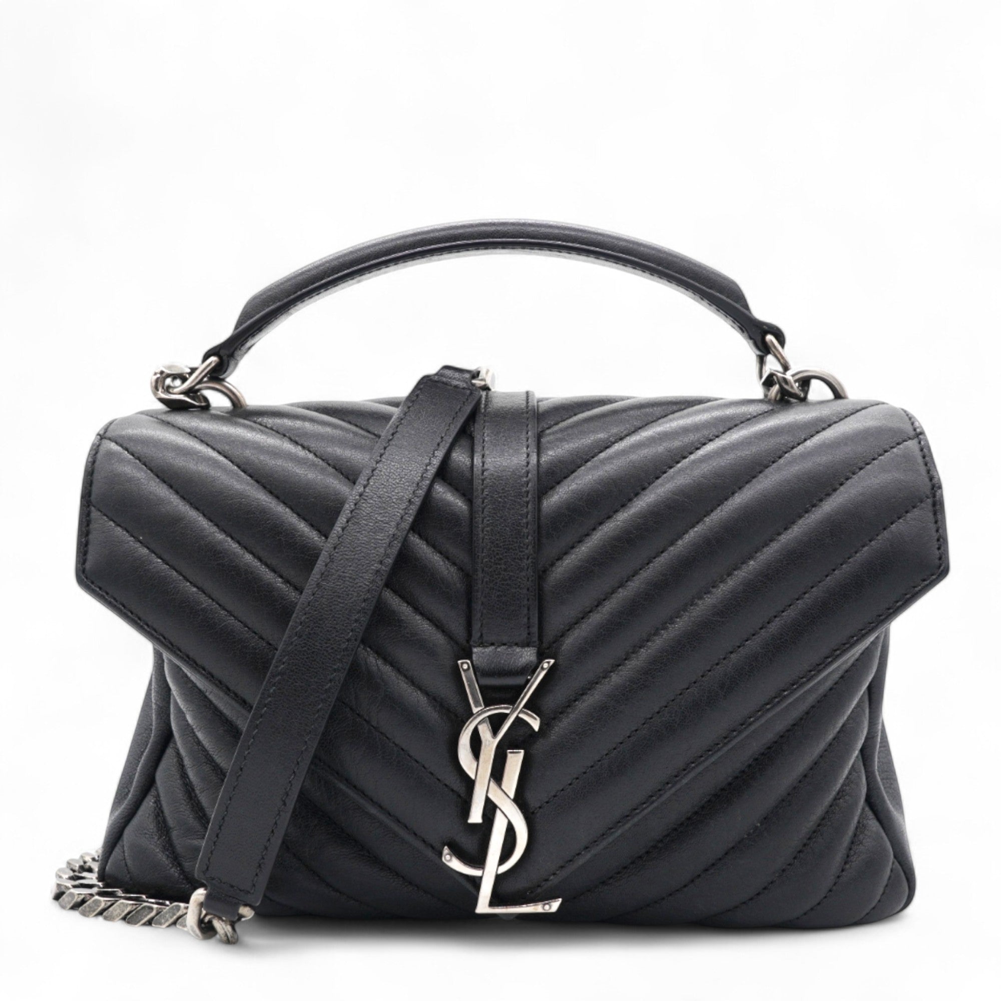 Sheepskin Matelasse Chevron Monogram College Bag Black