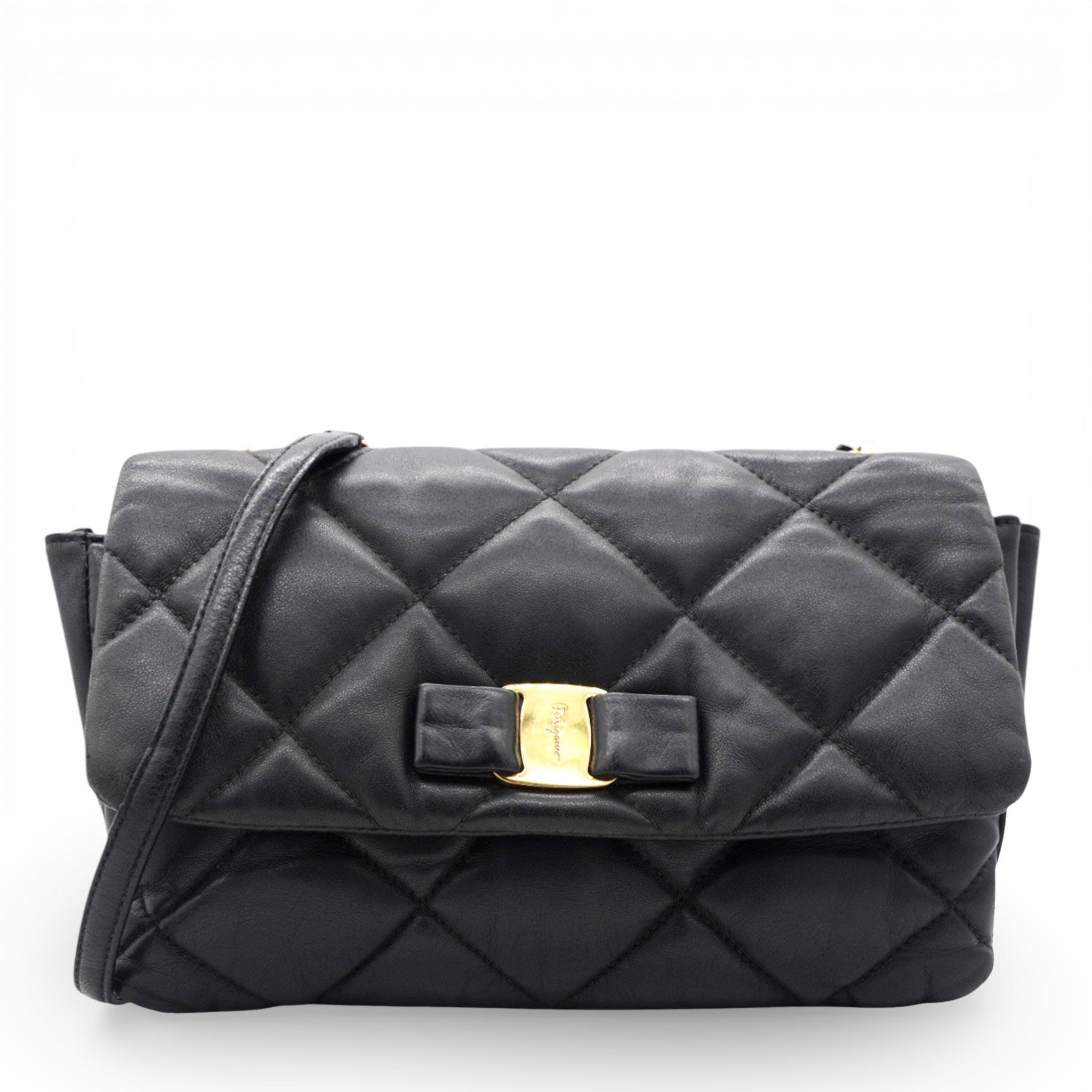 Black Quilted Leather Vara Bow Shoulder Bag
