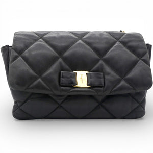 Black Quilted Leather Vara Bow Shoulder Bag