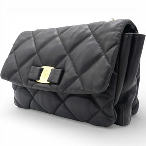 Black Quilted Leather Vara Bow Shoulder Bag