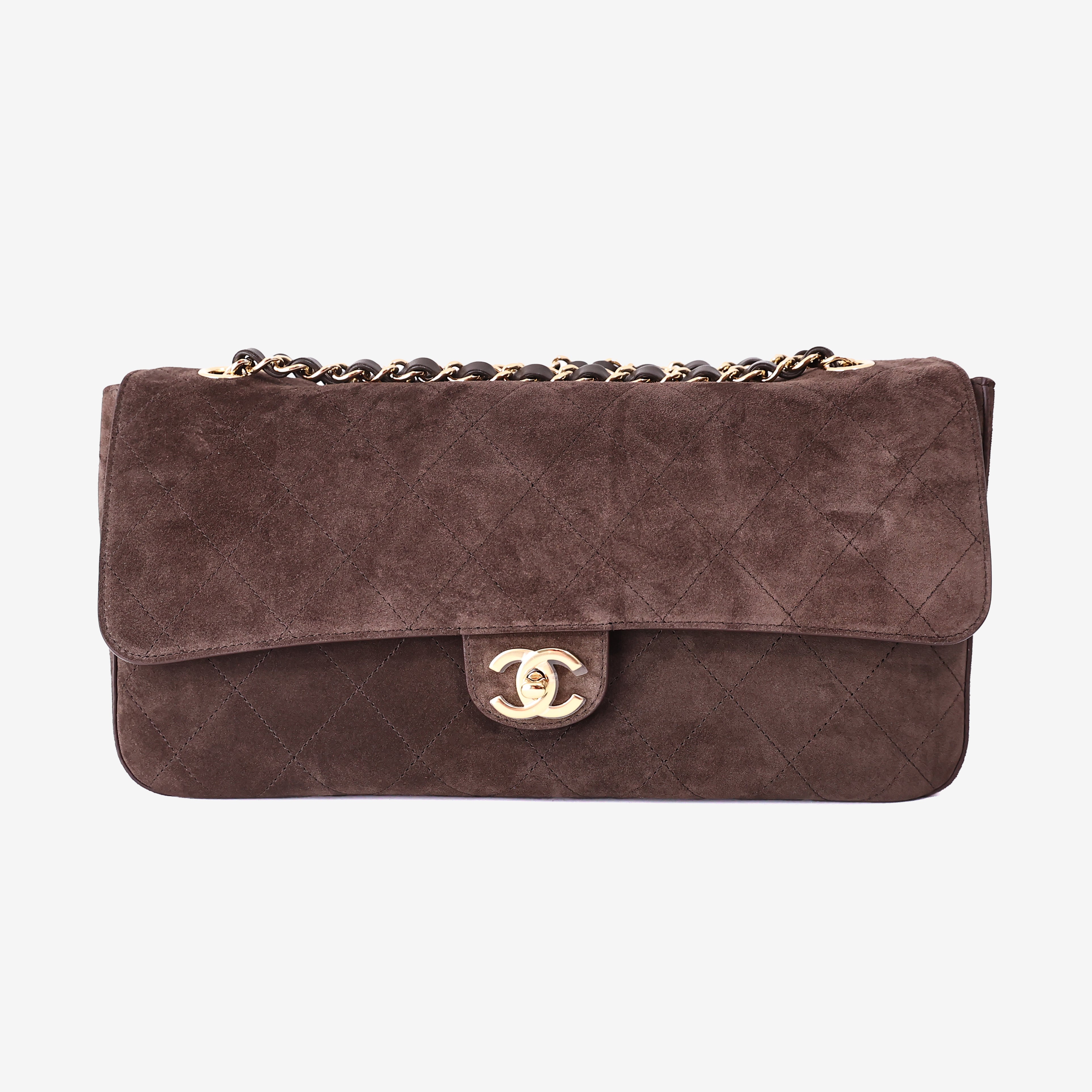 Chanel 26A Matthieu Blazy Maxi Flap Bag in Dark Brown Suede Calfskin Leather with Gold Hardware