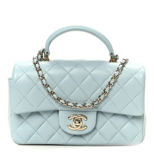 Chanel Lambskin Quilted Mini Top Handle Rectangular Flap Light Blue