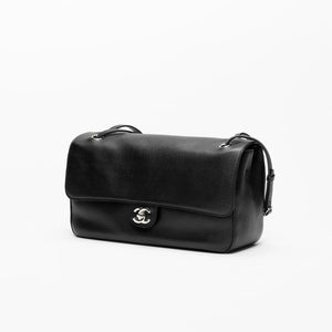 Chanel Maxi Flap Bag Black Grained Leather Silver Hardware