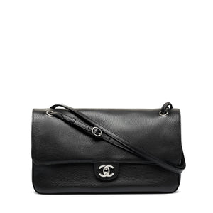 Chanel Maxi Flap Bag Black Grained Leather Silver Hardware