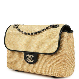 Chanel Small Flap Bag Beige Braided Raffia And Black Lambskin