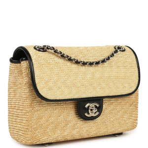 Chanel Small Flap Bag Beige Braided Raffia And Black Lambskin