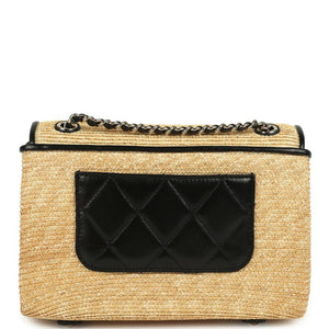 Chanel Small Flap Bag Beige Braided Raffia And Black Lambskin