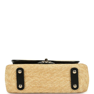 Chanel Small Flap Bag Beige Braided Raffia And Black Lambskin