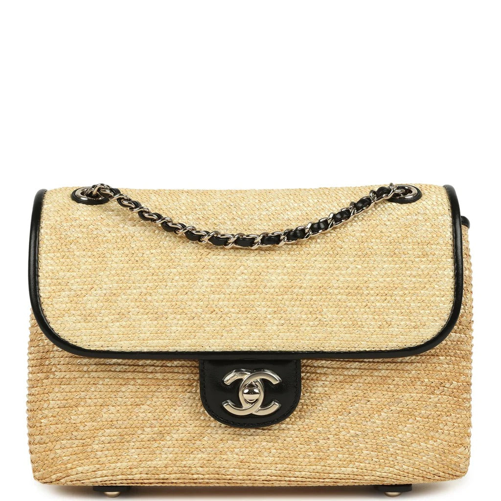 Chanel Small Flap Bag Beige Braided Raffia And Black Lambskin